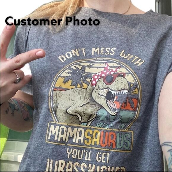 Gray Graphic Mama Dinosaur Rockabilly Jurassic Dinosaur Cotton Tee Shirt -NEW - Picture 2 of 2